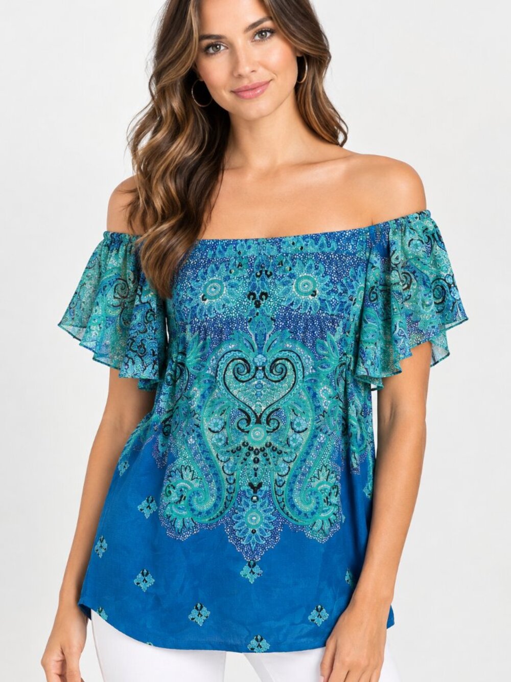 INC International Concepts Teal Paisley Off-Shoulder Top Size L - 100% Nylon